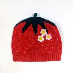 Vtg Handmade Beanie Hat Baby Girls Sz 6-12m Red Strawberry